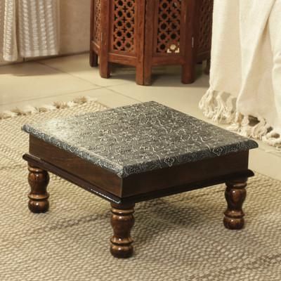 Palace in Paradise,'Floral Embossed Brass Wood Chowki Table Stool and Ottoman'