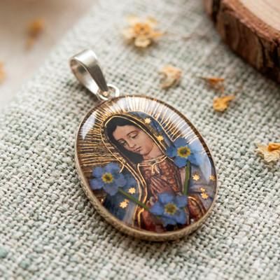 'Lady of Guadalupe-Themed Natural Flower Resin Silver Pendant'