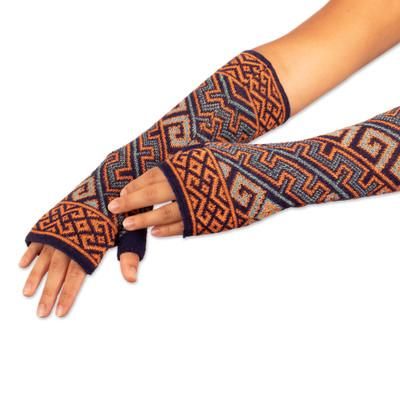 Andean Style,'Aqua & Orange 100% Baby Alpaca Unisex Knit Fingerless Mitts'