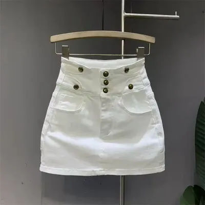 Nouvelle jupe en jean blanche taille haute boutonnée coupe trapèze pour femme avec poches