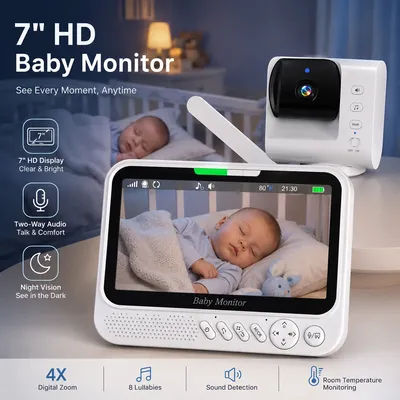 Moniteur vidéo pour bébé de 7,0 pouces avec caméras PTZ inclinables et orientables, zoom 4x, audio bidirectionnel, vision nocturne, sécurité, babyphone, fonction VOX, charge USB