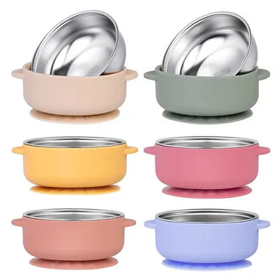 Silicone Sucker Bowl With Detachable Stainless Steel Bowl Baby Feeding Tableware for Infant and Baby Learning To Eat Baby Supply