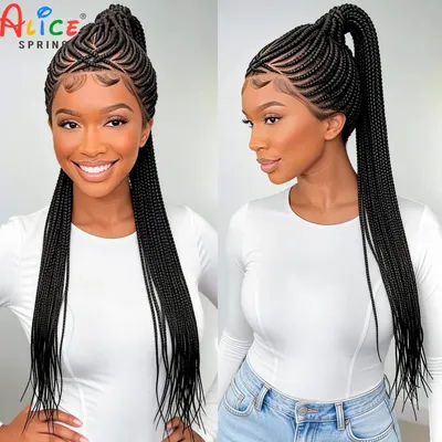 Natural Ponytail Braided Wigs 30inch Cornrow Braided Wigs Synthetic Full Lace Knotless Braids Wig with Baby Hair for Black Women