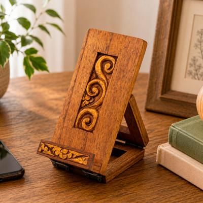 'Artisan-Made Golden and Brown Foldable Wood Phone Holder'