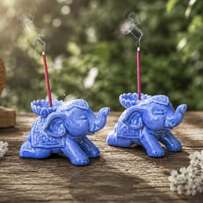 'Blue Elephant-Themed Crackled Ceramic Incense Holder Pair'