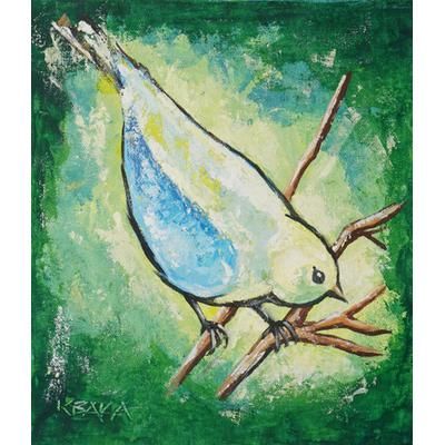 Yellow Bird II,'Acrylic Impressionist Bird Painting in a Cool Color Scheme'