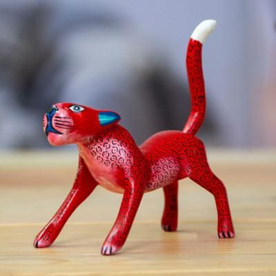 The Strawberry Jaguar,'Strawberry Copal Wood Jaguar Alebrije Figurine from Mexico'