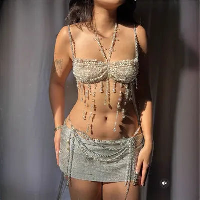 Transparent perlé hauts Bikini Rave corps fête chaîne sirène hauts de soutien-gorge perle maillots de bain femmes perles Lingerie harnais Bralette