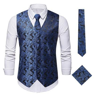 set di cravatte da uomo paisley floreale jacquard cravatta da taschino 3 pezzi gilet retro vintage rococò per abito o smoking festa di nozze mascherata
