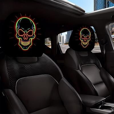 2/4 pezzi copri poggiatesta per auto con teschio fluorescente al neon, stampa teschio al neon alla moda, decorazione personalizzata per interni auto, vestibilità universale, adatto per spostamenti