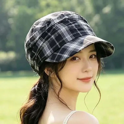 Chapeau d'équitation plissé à carreaux style vintage, casquette plate à visière de couleur unie style britannique, chapeau rétro pare-soleil et protection solaire