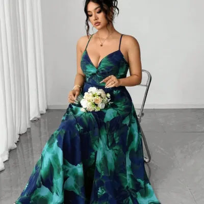 Robe longue florale vert-bleu grande taille pour femme, col en V profond, fente haute, en satin, pour soirée cocktail