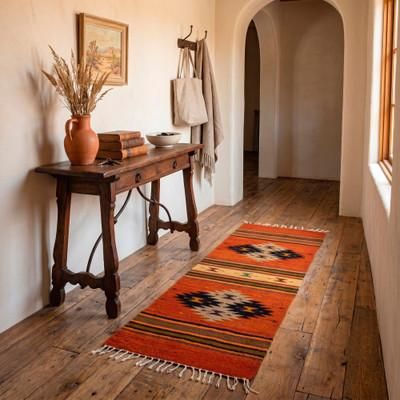 'Hand-Loomed Geometric Fringed 1.5x4 Zapotec Wool Runner'