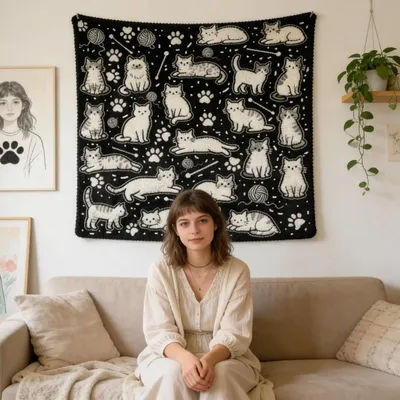 DIY Coloring Blanket 145x120cm Washable DIY Cute Cat Dog Throw Blanket For Couch For Home Decor Living Room Bedroom Couch Bed