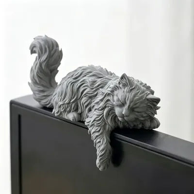 Cute Long Hair Sleeping Cat Figurine 3D Printed Mini Pet Computer Monitor Hanging Decor Desk Ornament for Home Office Decor Gift