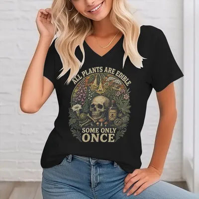 T-shirt vintage à col en v pour femmes, avec graphiques de champignons et de crânes, à la mode, streetwear, « Toutes les plantes sont comestibles, certaines seulement une fois », à la mode