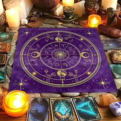 Mystical Tarot Constellation Altar Cloth Tarot Tablecloth Golden Astrological Symbols on Purple Table Cloth For Divination Mat