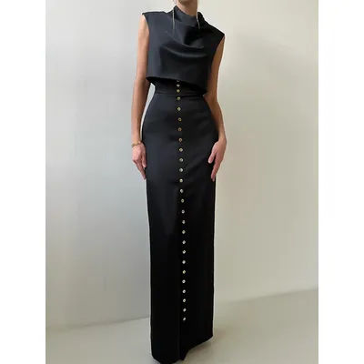 Jupe élégante solide, tenue de printemps pour femmes, sans manches, col mi-haut, haut + taille haute, jupe droite à simple boutonnage, ensemble deux pièces