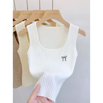 Haut tricoté décontracté pour femmes, débardeur brodé avec nœud papillon, col carré, sans manches, haut court, couche de Base Simple, été