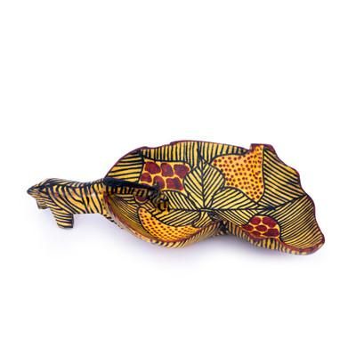 'African Map-Shaped Wood Catchall with Zebra Figure Handle'