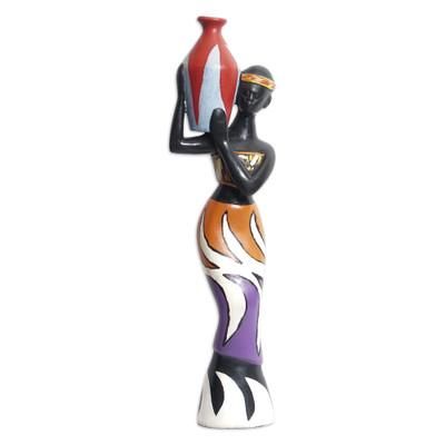 African Virtue,'Ghanaian Sese Wood Sculpture of a Woman Carrying a Vase'