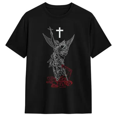 Saint Michael The Archangel Defeating Satan Warrior Faith T Shirt Men Cotton Funny T-Shirts Round Neck tees Short Sleeve Clothes