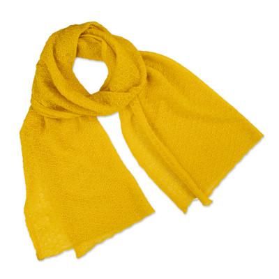 Wavy Texture in Gold,'Goldenrod Yellow Textured Knit 100% Baby Alpaca Scarf'