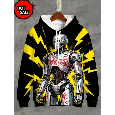 Robot 3D imprimé coloré pulls à capuche pour homme dessin animé Graffiti motif sweats mode à manches longues Streetwear sweats à capuche