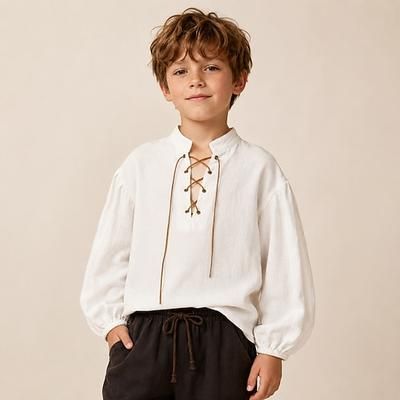 Retrò Vintage Medievale Rinascimento Camicia Lunghe Pirata Vichingo Contadina Allacciato Collo alla coreana Costume Ragazzi Vichingo Halloween Carnevale Fiera Rinascimentale LARP Bambino Camicia