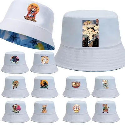 Chapeaux Bob Ricard Tendance pour Femmes et Hommes, en Coton, Casquettes de Pêcheur d'Été, Chapeaux de Soleil pour Sports de Plein Air, Chapeaux Panama Bob Imprimés Chat Japonais pour Filles et