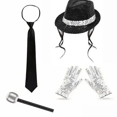 4Pcs/set Retro Star Costume Accessories Kit Performance Sequin Hat, Sunglasses, Gloves and Fake Headset for Adults Cosplay