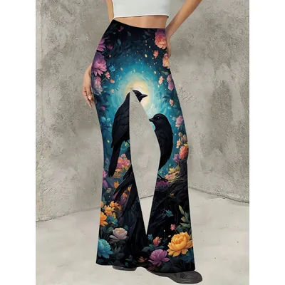 Pantalon évasé imprimé bohème pour femme, pantalon vintage en tricot à taille haute et jambes larges
