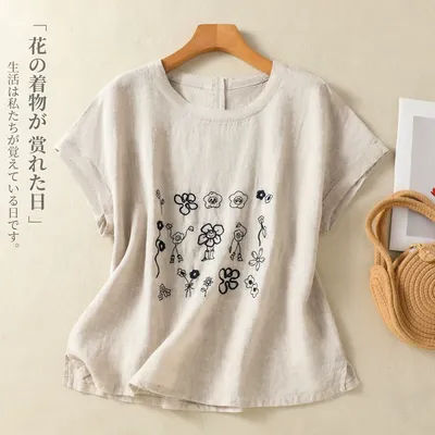 Haut brodé vintage, t-shirt décontracté d'été à col rond et manches courtes, coupe ajustée, chemisier pour femme J660