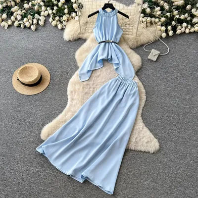 Ensembles deux pièces pour femmes : Hauts dos nu sans manches à col licou et jupes longues taille haute coupe trapèze, style Y2K streetwear, élégant, pour le travail et l'été