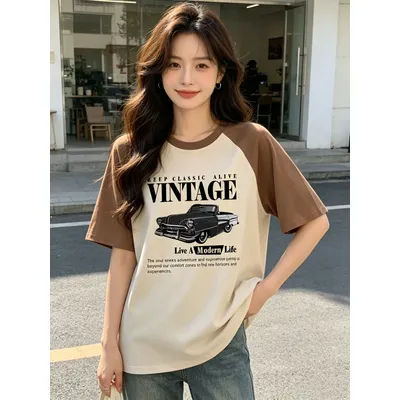 T-shirt imprimé voiture vintage, mode rétro décontractée, manches courtes, graphique, haut printemps/été, haut Y2k, tee-shirt pour femmes