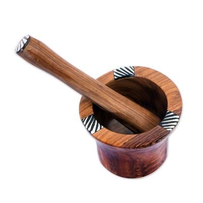 'Hand-Carved Decorative Batik Wood Zebra Mortar and Pestle'