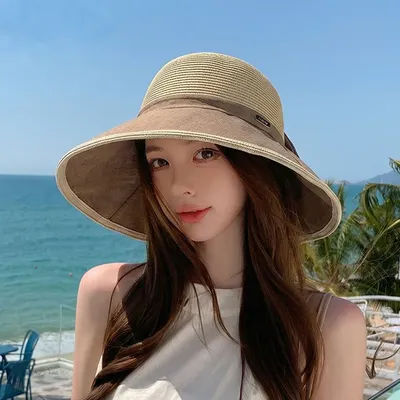 Chapeau de soleil en paille pour femme avec nœud, large bord anti-UV avec protection du cou, respirant, 5 couleurs, 55-58 cm pour la plage et l'extérieur