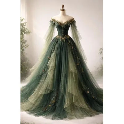 Robe de mariée vert forêt style Fairycore, glamour, épaules dénudées, avec appliqués étincelants, robe de bal cosplay