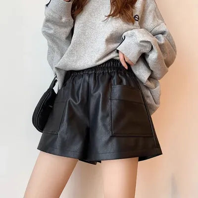 Shorts décontractés en cuir PU pour femmes, taille haute, ceinture élastique, coupe ample et large