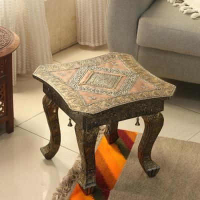 Beauty of Tradition,'Traditional Nickel Plated Wood Stool with Copper Accents'