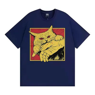 T-shirt unisexe vintage surdimensionné avec motif de chat en colère qui mord la main, humoristique et tendance, pour hommes, hauts d'été en coton de haute qualité