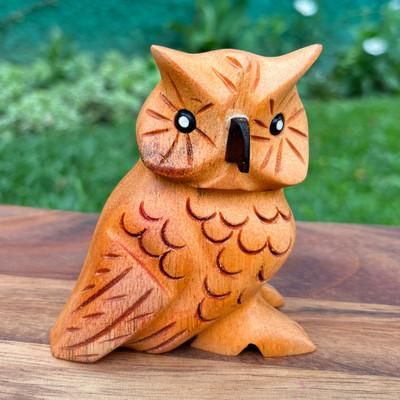 'Hand-Carved Mahogany Wood Owl Figurine in Natural Brown Hues'