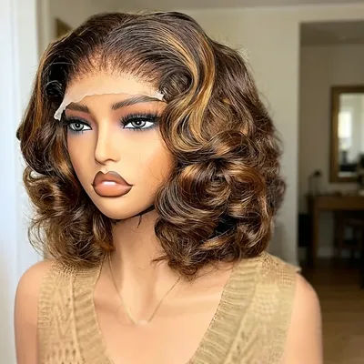 Glueless Soft Preplucked Short Bob Free Part 180Densty body wave Synthetic Lace Front Wig For Women With Baby Hair Daily