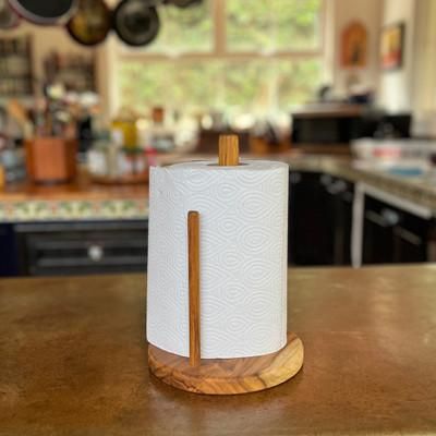 'Rustic-Inspired Hand-Carved Teak Wood Paper Towel Holder'