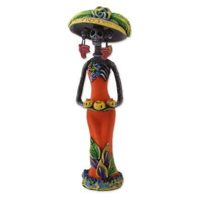Catrina with Pumpkins,'Ceramic Catrina Skeleton Statuette in Orange from Mexico'