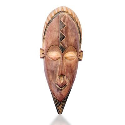 Golden Glint,'Folk Art Sese Wood and Aluminum African Mask in Earthy Hues'