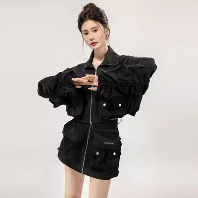 Ensemble deux pièces imprimé vert pour femme, veste zippée, haut et mini jupe cargo, vêtements décontractés pour femme, rue haute, mode fille chaude, automne