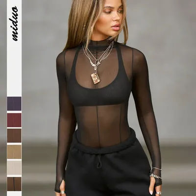 2025 automne nouvelle mode femmes hauts T-Shirt maille transparente à manches longues coupe ajustée col mi-haut haut Y2k femme vêtements