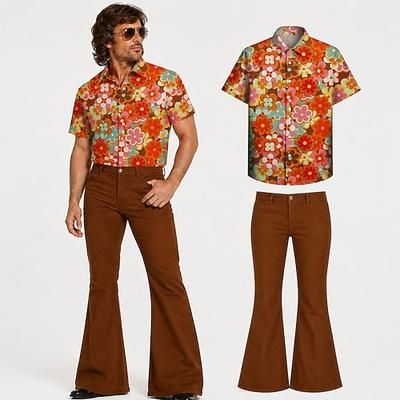 Set Retrò Vintage Hippie Anni '70 Pantaloni Abiti Camicia Maniche corte Hippie Disco Floreale Costume Per uomo Feste Abbigliamento quotidiano Adulti Camicia Pantaloni