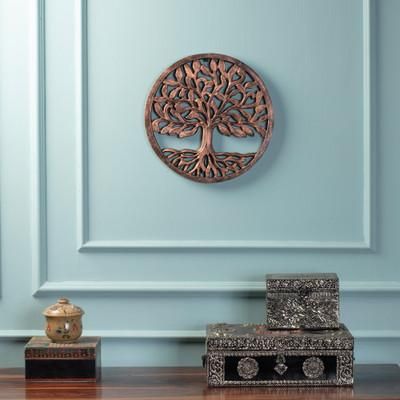 'Artisan-Made Tree of Life Wood Relief Panel in Copper Hues'